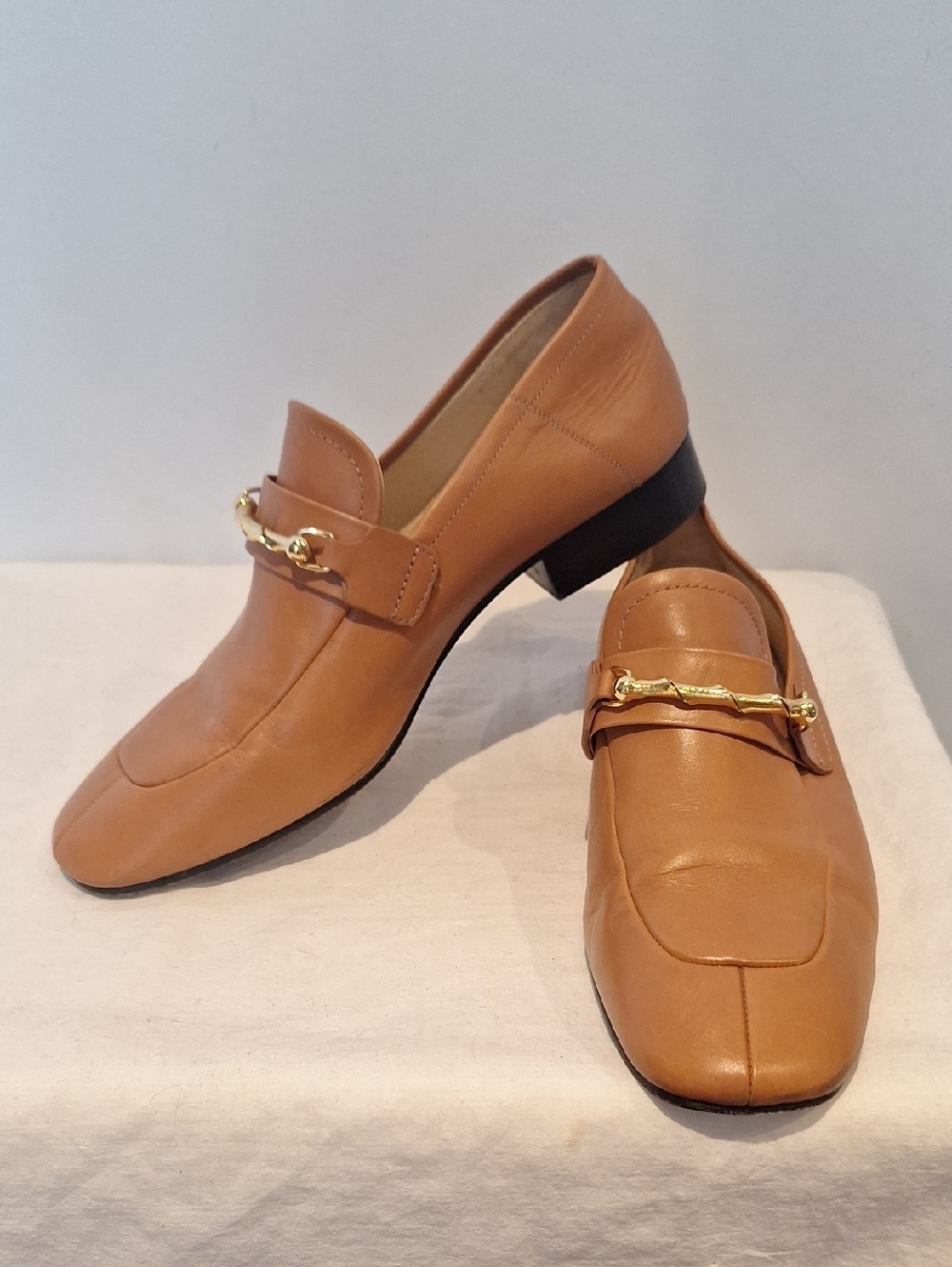 Joseph Anthropologie Tan Leather Slip-On Loafers with Gold Horsebit Detail